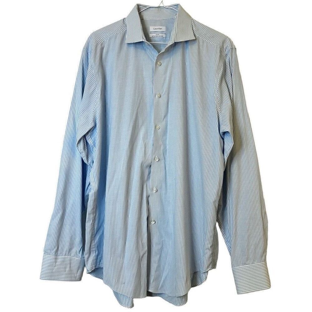 Calvin Klein Micro Check Slim Fit Performance Non Iron Dress Shirt Blue 17 34/35